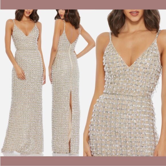 NEW $598 Mac‎ Duggal [ 2 ] Geometric Embellished Crystal Drop V-Neck Gown #Q666